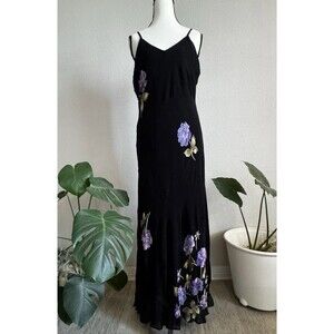 Vintage American Angel Y2K Black Floral Maxi Slip Dress Purple Roses Size L